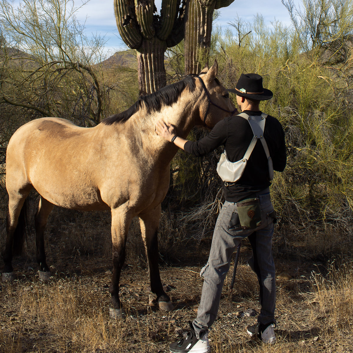gray cobra balance bag 4.0 contrast leather, with horse, model 6'2"