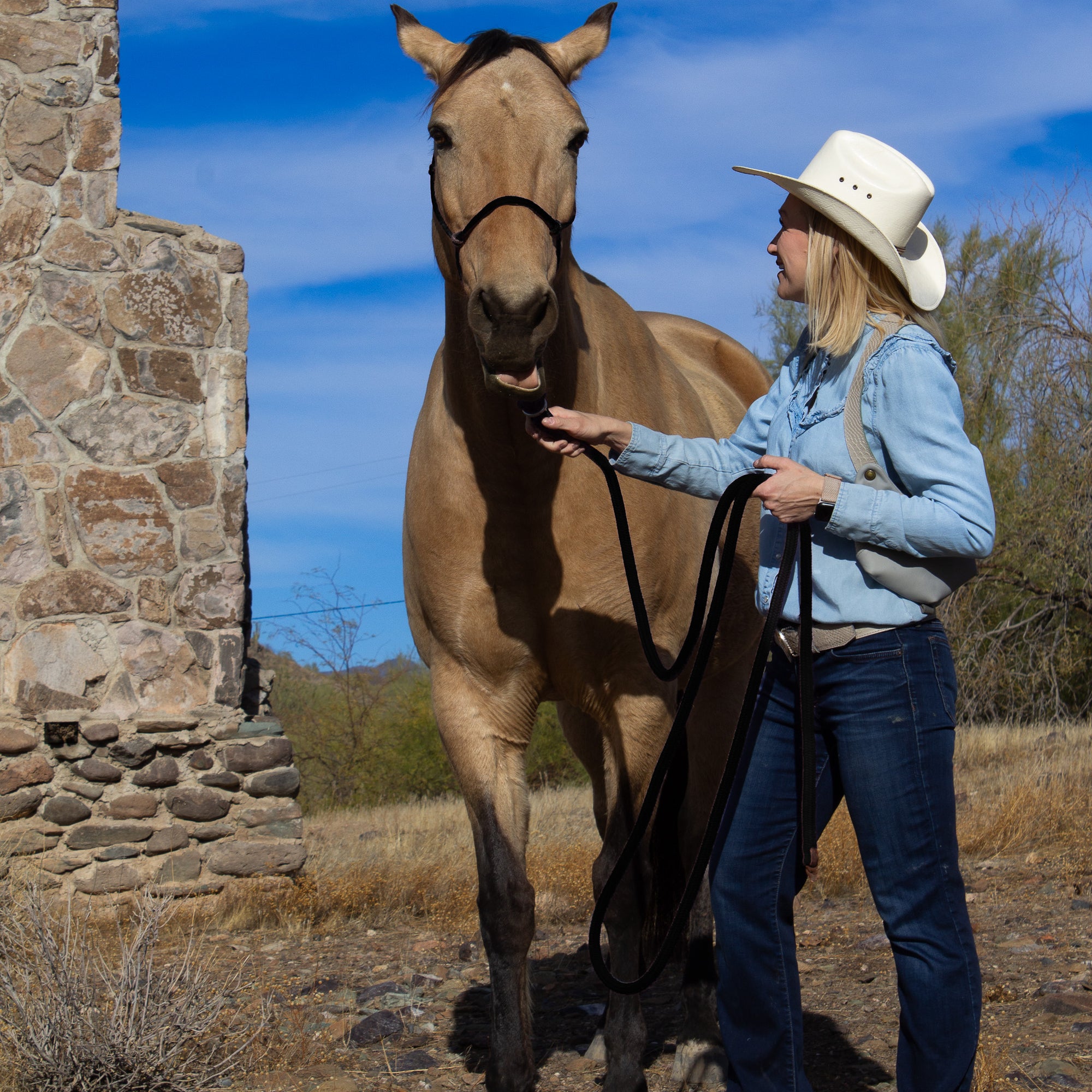 tan and yellow cobra balance bag 4.0 contrast leather, with horse, lifestyle, model 5'6"